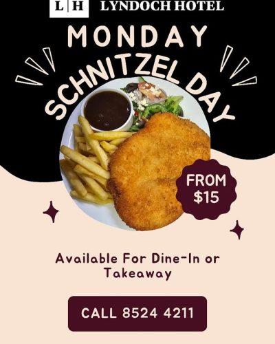🍽️ MONDAY SCHNITTY NIGHT! 🍽️

Kick off the week the right way… with a crispy, golden schnitzel at the Lyndoch Hotel!

From just $15, your schnitzel comes served with hot chips and unlimited access to our buffet salad & veg bar — because Mondays deserve good food and good vibes!

Not feeling like schnitzel? No worries — our full menu is still available.

So why cook on a Monday? Rally the crew, book your table, and let us take care of dinner!

📅 Every Monday
📍 Lyndoch Hotel
☎️ Bookings: 8524 4211

#SchnittyNight #MondaySorted #LyndochHotel #BarossaEats #FeedTheCrew #PubFavourites #SchnitzelLovers #StartTheWeekRight